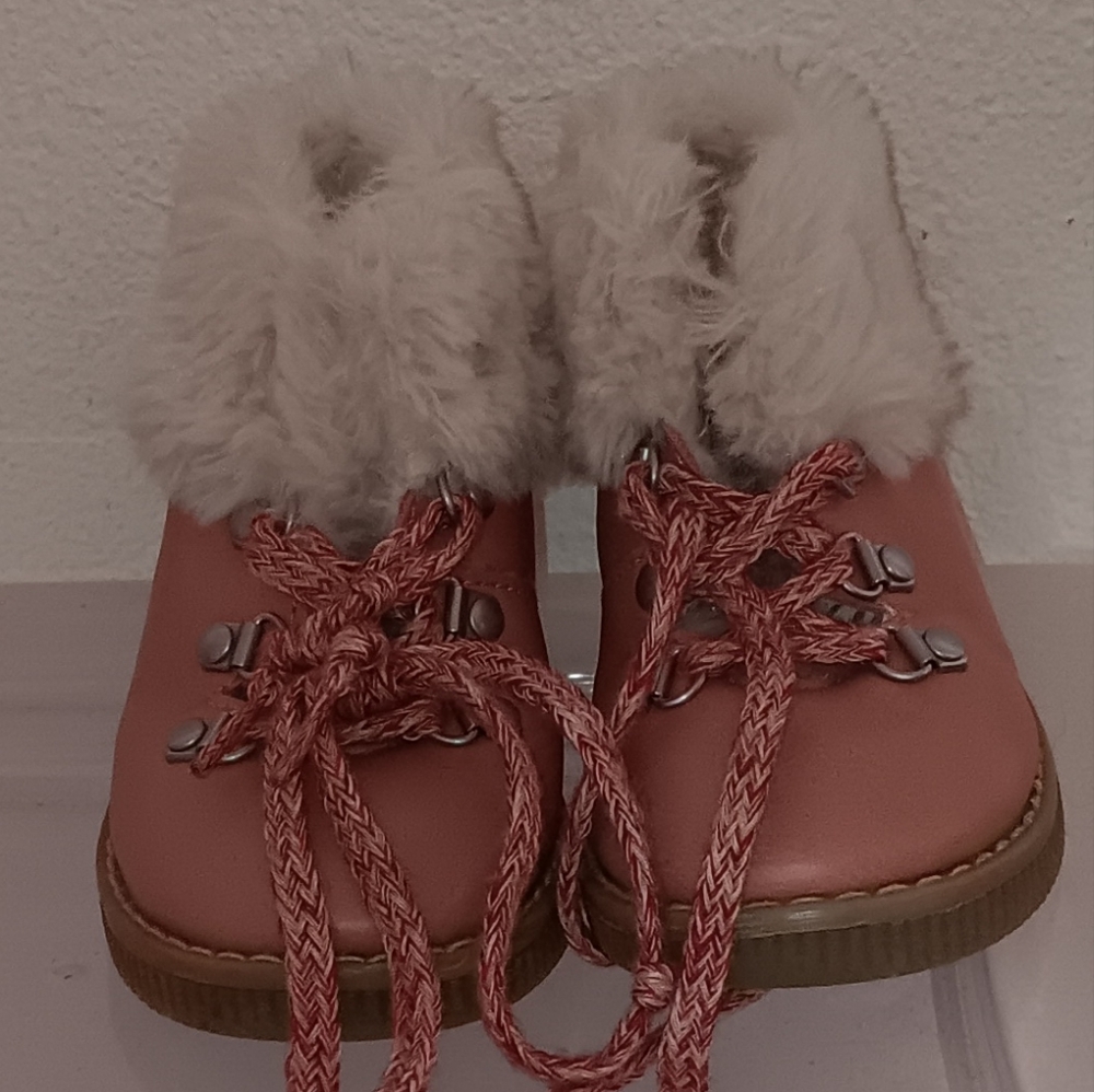 Pink and Cream Suede Boots with Textured Finish